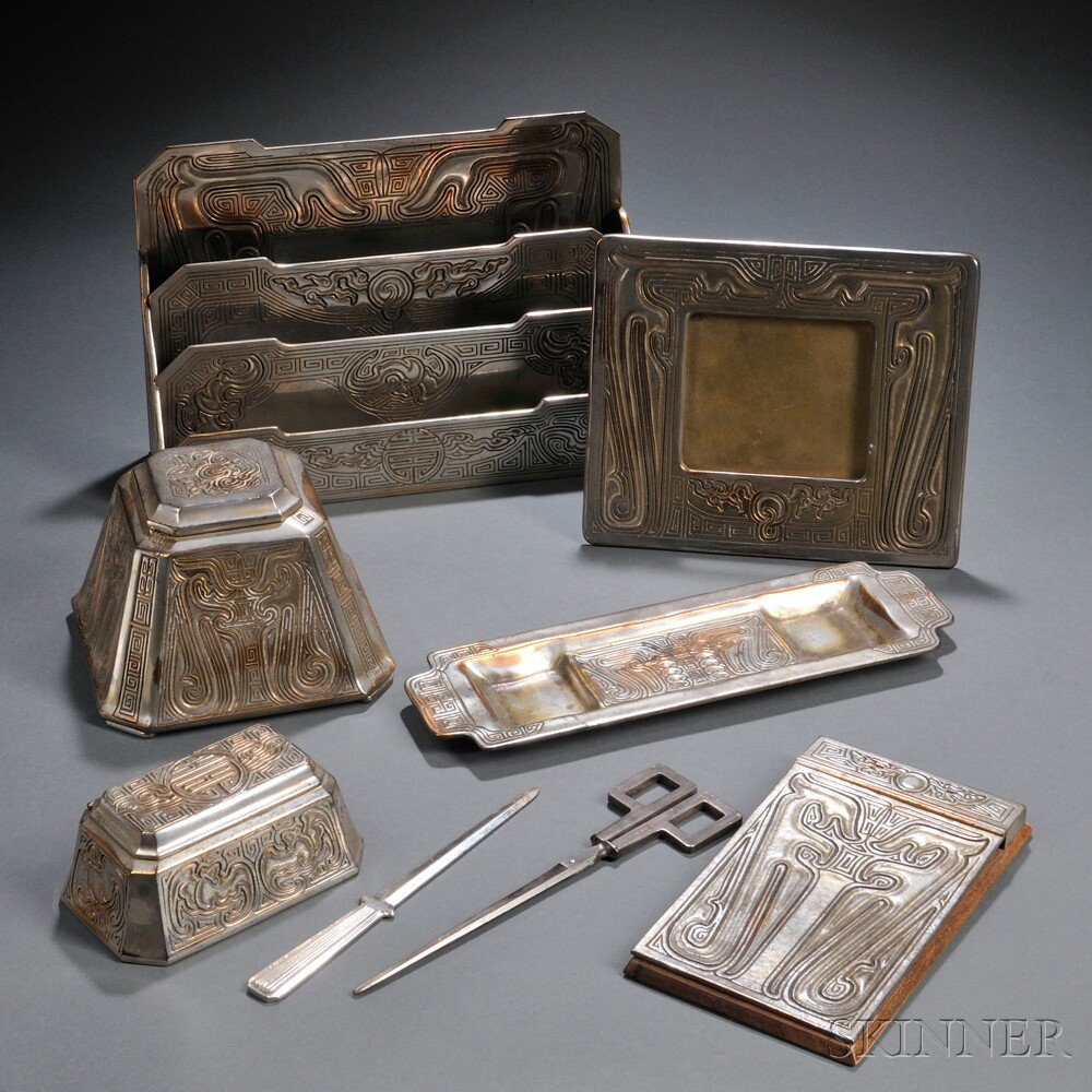 Appraisal: Six-piece Tiffany Studios Chinese Pattern Desk Set Patinated bronze New