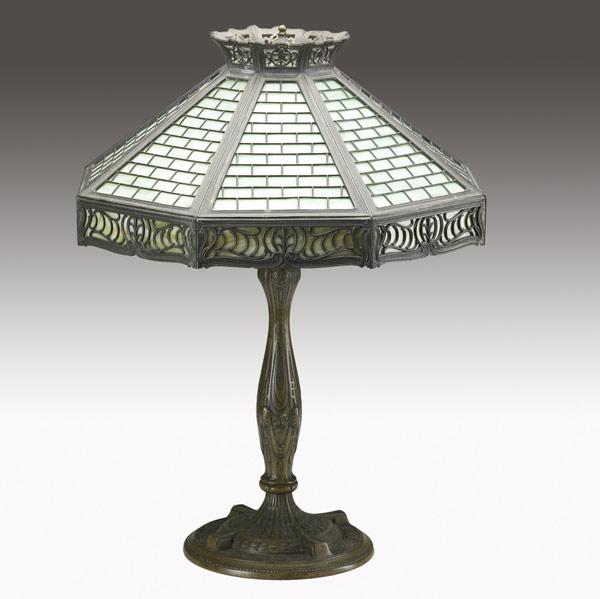 Appraisal: Panel glass table lamp th C Six panels of green