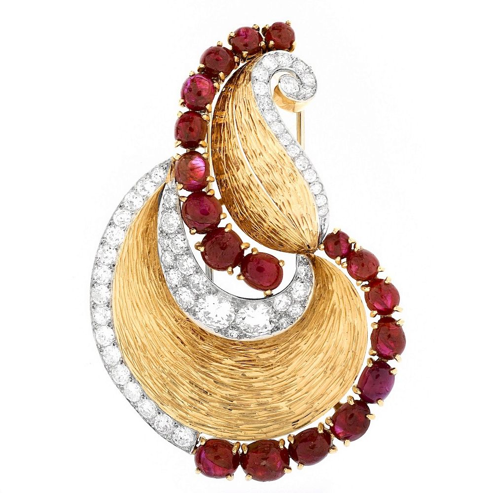 Appraisal: Vintage Mauboussin Diamond and Ruby Brooch Vintage Mauboussin for Trabert