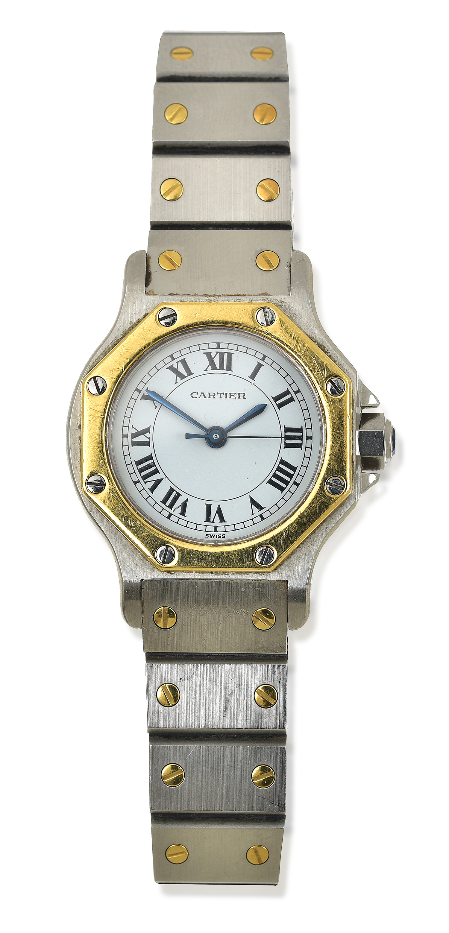 Appraisal: A LADIES CARTIER SANTOS WRISTWATCH Automatic movement circular white dial