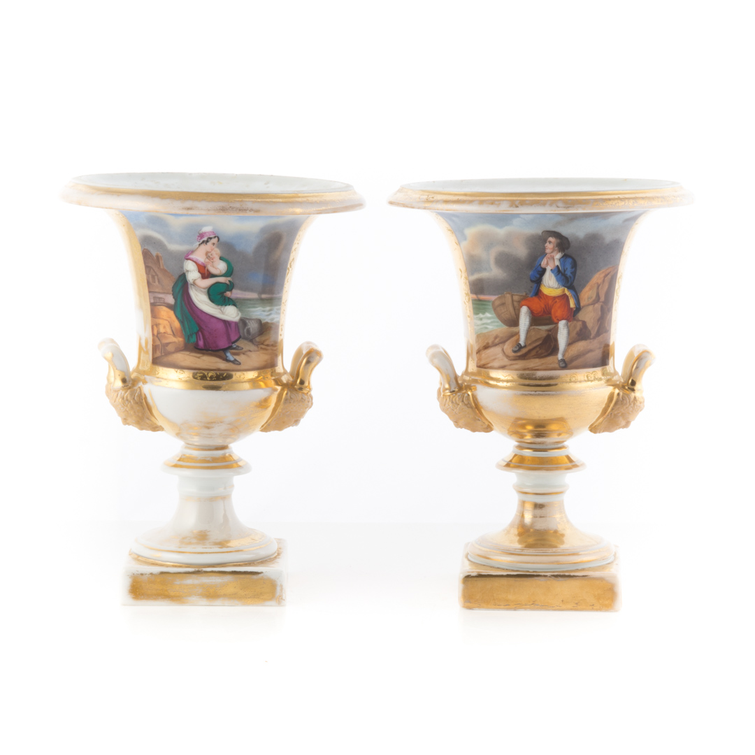 Appraisal: Pair of Porcelain de Paris paint decorated urns circa classical-form