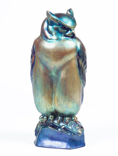 Appraisal: ZSOLNAY Ketupa Ceylonensis figurine of an owl clutching a fish