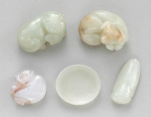 Appraisal: Five miniature hardstone carvings Including pale celadon jade seated dog