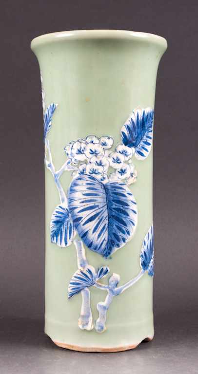 Appraisal: Chinese Export blue and white celadon porcelain beaker-form vase late