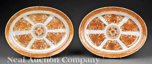 Appraisal: Two Chinese Export Orange Fitzhugh Porcelain Oval Platters Qing Dynasty