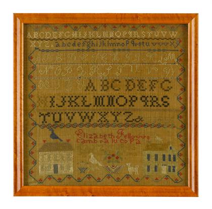 Appraisal: Needleworked sampler elizabeth fellows cambria pennsylvania dated A strawberry vine