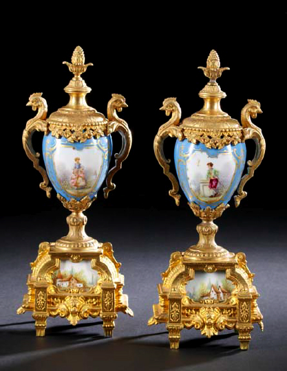 Appraisal: Pair of French Gilt-Brass-Mounted Bleu Celeste Porcelain Garniture Vases fourth