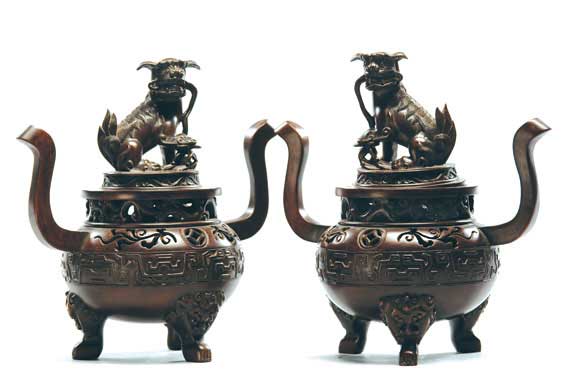 Appraisal: PAIR HARDWOOD KOROS AND COVERS Pair Chinese carved hardwood koros