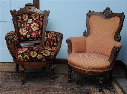 Appraisal: TWO AMERICAN RENAISSANCE REVIVAL CARVED WALNUT ARMCHAIRS One armchair with