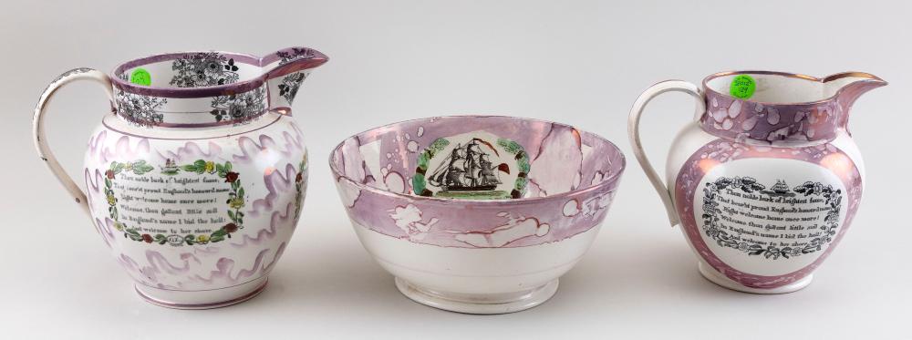 Appraisal: THREE PIECES OF SUNDERLAND PINK LUSTREWARE ENGLAND TH CENTURYTHREE PIECES