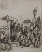 Appraisal: Continental circa Framed dry point etching under glass Scene is