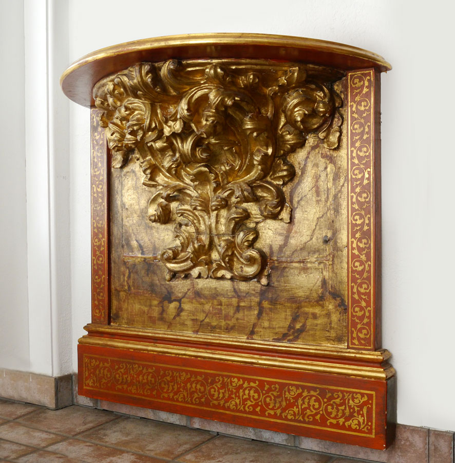 Appraisal: PAINTED AND GILT CARVED ARCHITECTURAL WALL SHELF With foliate scroll