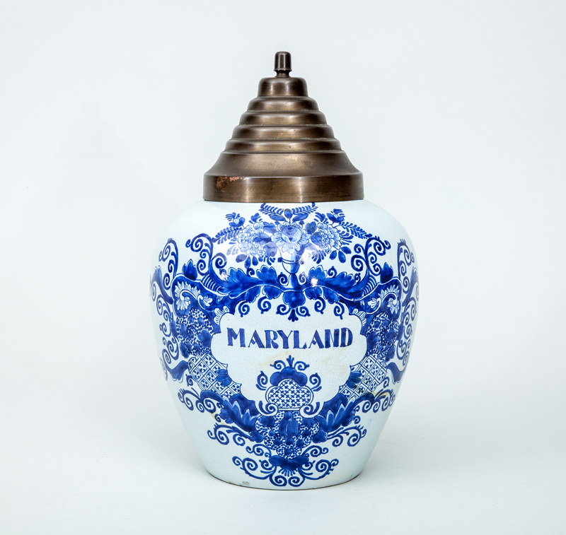 Appraisal: DUTCH BLUE AND WHITE DELFT APOTHECARY JAR 'MARYLAND' With later