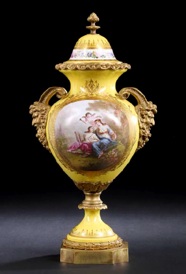 Appraisal: Large French Gilt-Brass-Mounted Fond Jonquille Porcelain Covered Two-Handled Garniture Vase