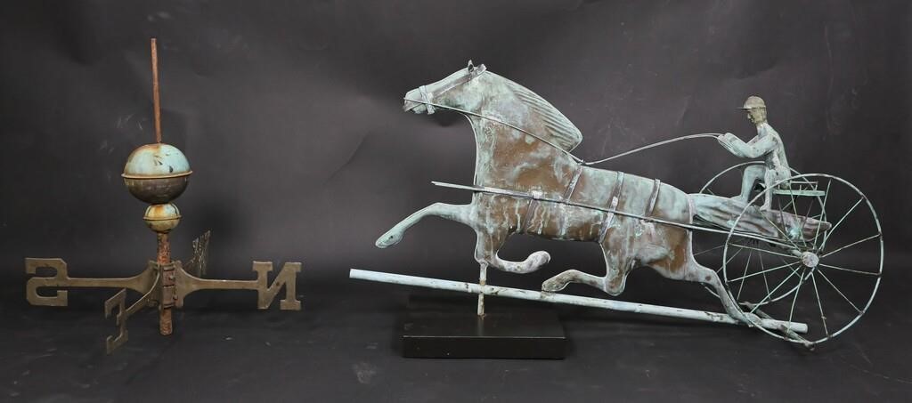 Appraisal: Copper horse and jockey weathervane with directional Horse feet are