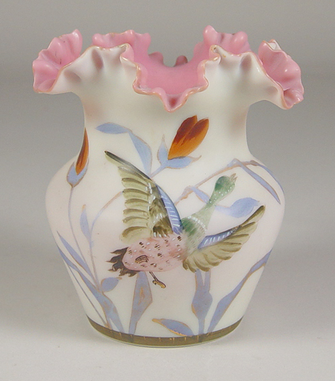 Appraisal: Victorian Cased Glass Vase Design of bird among flowers Ruffled