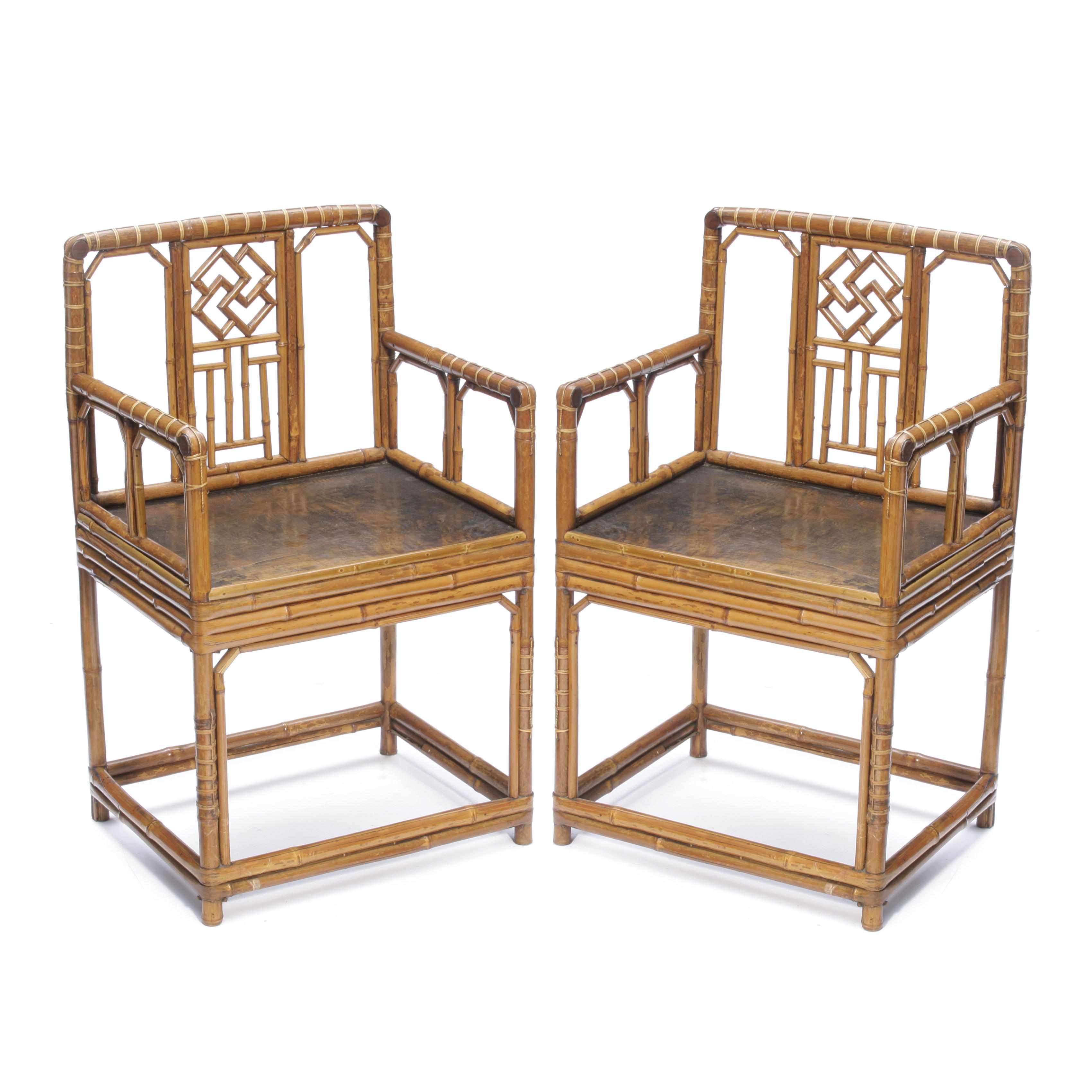 Appraisal: A pair of English Brighton Pavilion style bamboo armchairs th