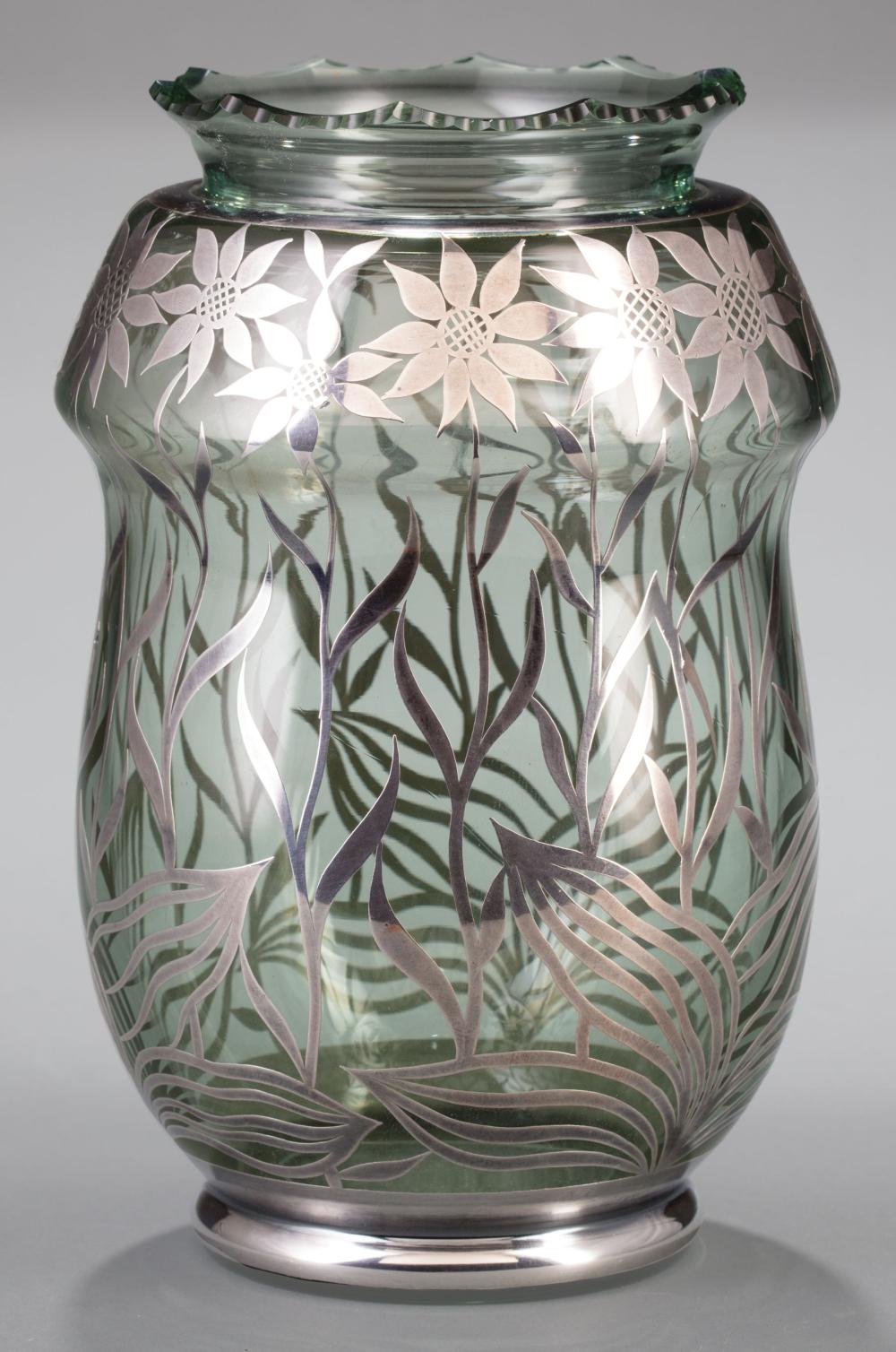 Appraisal: American Silver Overlay Glass Vase pale green glass scalloped rim