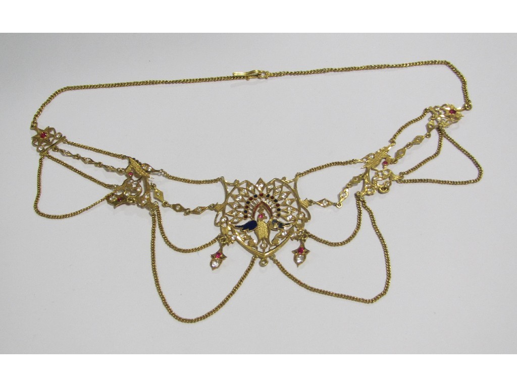 Appraisal: Indian yellow metal gem set necklace with pierced central panel