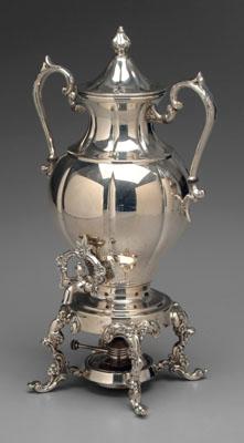 Appraisal: Silver-plated hot water kettle urn form with scalloped body scroll