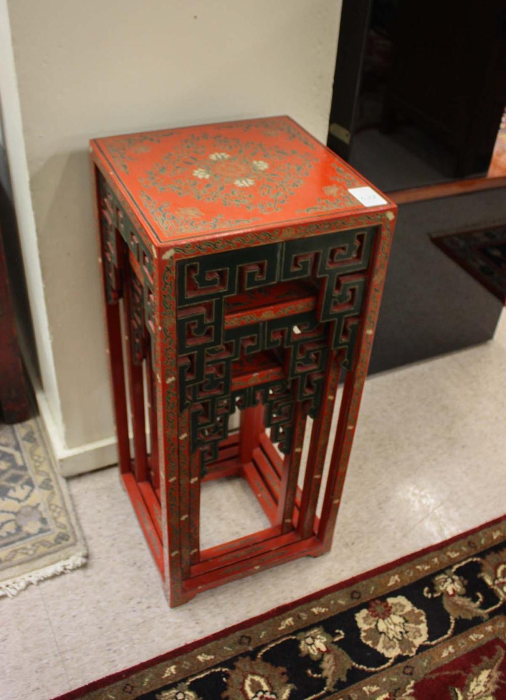 Appraisal: A NESTING SET OF THREE CHINESE PEDESTAL TABLES red and