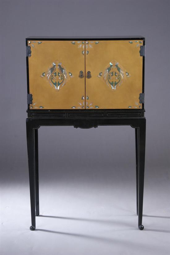 Appraisal: JAPANESE BLACK LACQUER SIDE CABINET AND STAND Meiji period Of