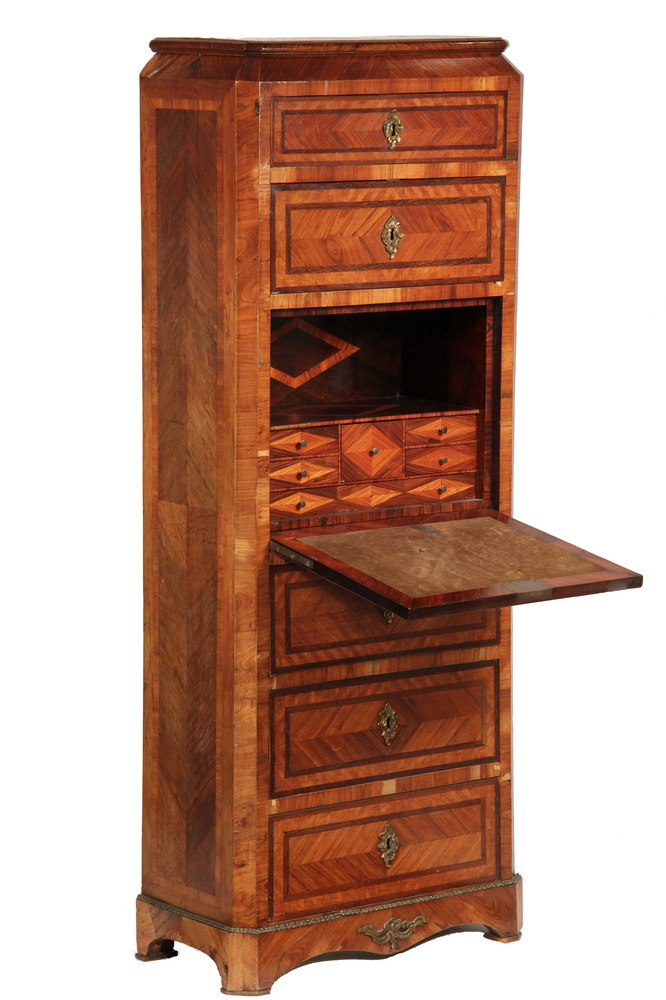 Appraisal: DIMINUTIVE FRENCH ABBATANT - Tall Six-Drawer Cabinet in fruitwood parquetry