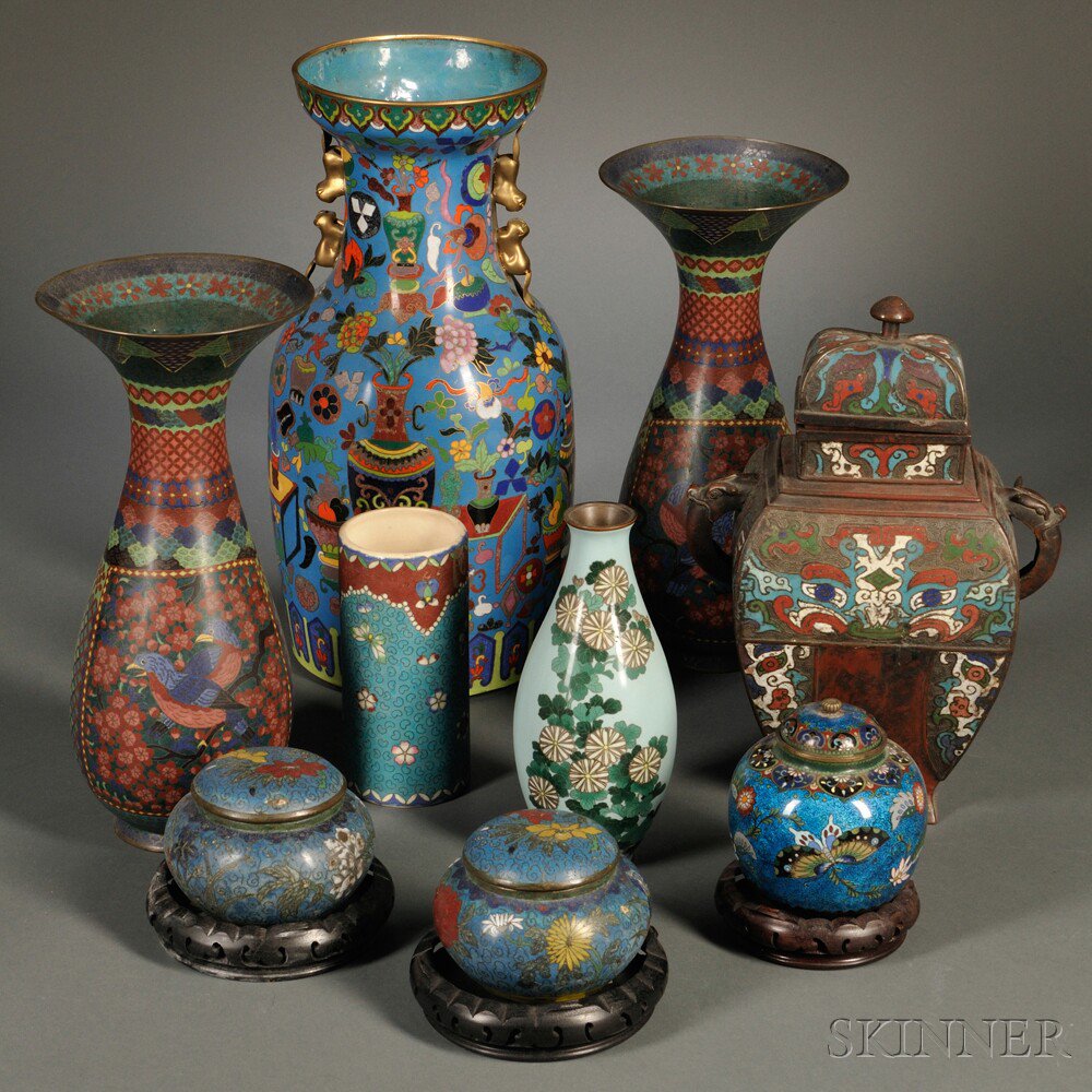 Appraisal: Nine Cloisonne and Champleve Items China and Japan a cylindrical