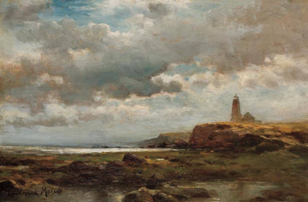 Appraisal: EDWARD MORAN American - Lighthouse Along the Coastline oil on