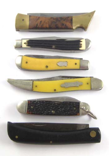 Appraisal: SIX COLLECTABLE FOLDING POCKET KNIVES Henry Sears Son Fisherman's Favorite