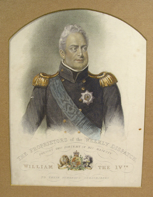 Appraisal: Coloured engraving of William IV in a birdseye maple frame