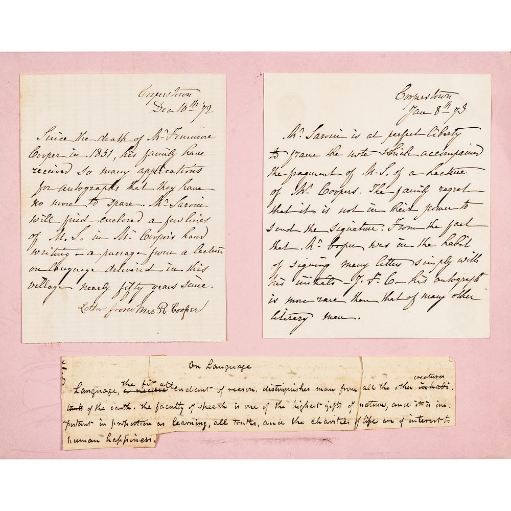 Appraisal: James Fenimore Cooper Handwrtitten Notation Regarding Language Autographs James Fenimore