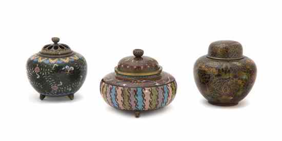 Appraisal: Three Chinese Cloisonne Lidded Vessels each with polychrome decoration comprising