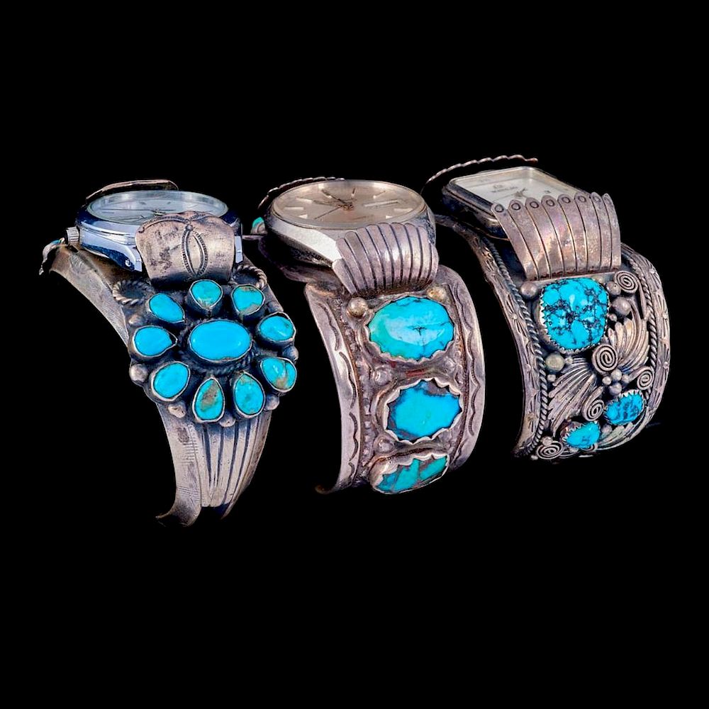 Appraisal: NAVAJO WATCH CUFF BRACELETS Three Old Pawn Southwest turquoise silver