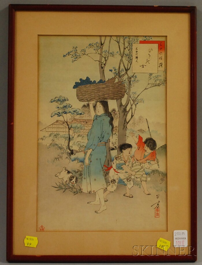 Appraisal: Framed Japanese Woodblock Depicting a Peasant Woman with Children th