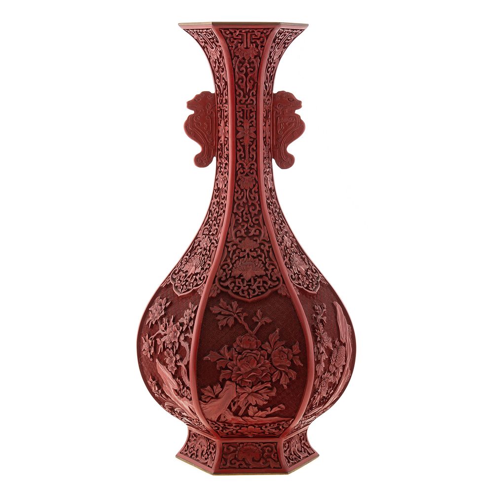 Appraisal: Chinese Cinnabar Lacquer Paneled Vase th century with carved floral