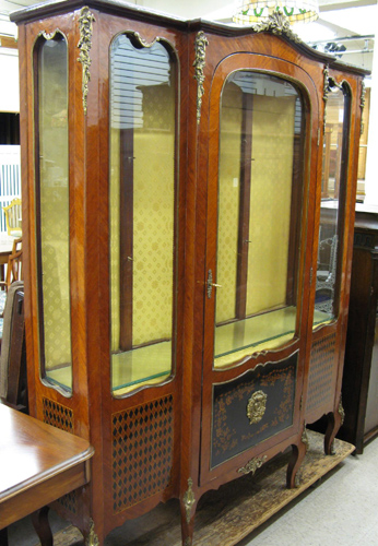 Appraisal: LOUIS XV STYLE BREAKFRONT VITRINE mahogany with ormolu mounts parquetry