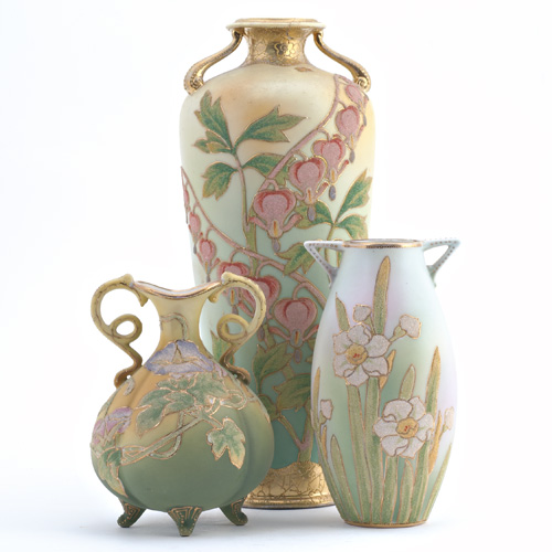 Appraisal: NIPPON Three Coralene vases in assorted patterns Tallest has reglued