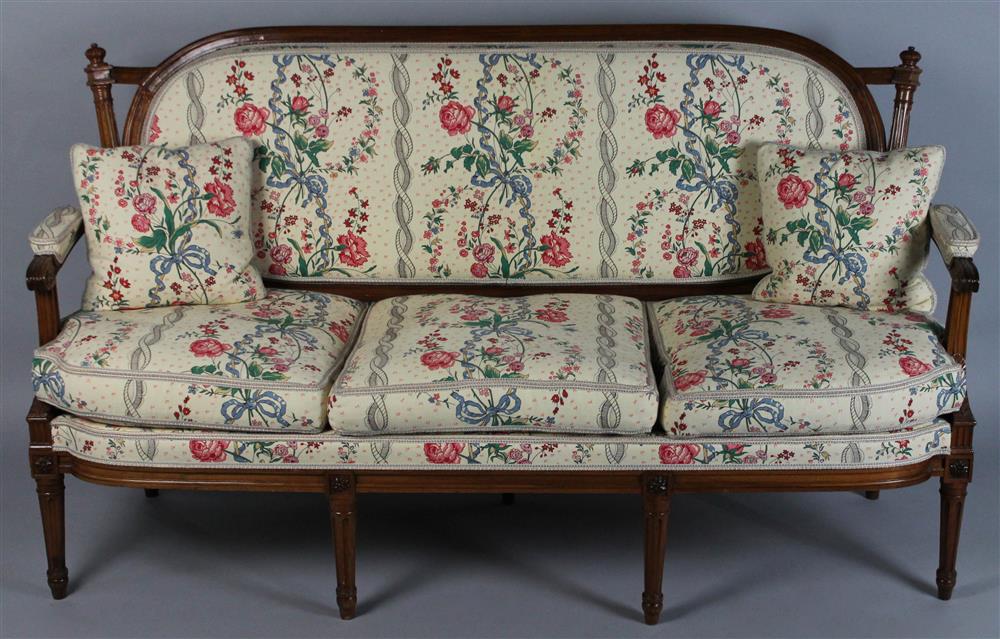 Appraisal: LOUIS XVI STYLE THREE SEAT FRUITWOOD SETTEE WITH HAND BLOCKED