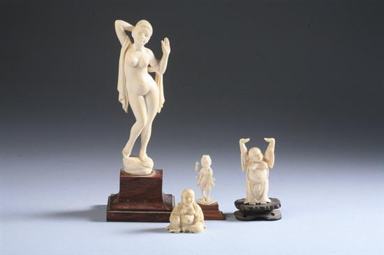 Appraisal: IVORY FIGURE OF WOMAN Together with two hotei and deity