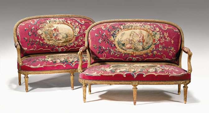 Appraisal: Pair of Louis XVI style giltwood settees mid th century