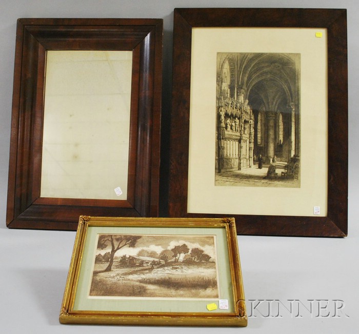 Appraisal: Two Framed Etchings and a Mahogany Veneer Ogee Mirror the