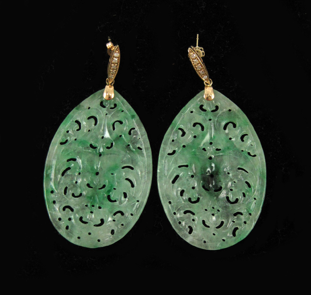 Appraisal: PAIR OF JADE AND DIAMOND EARRINGS each k yellow gold