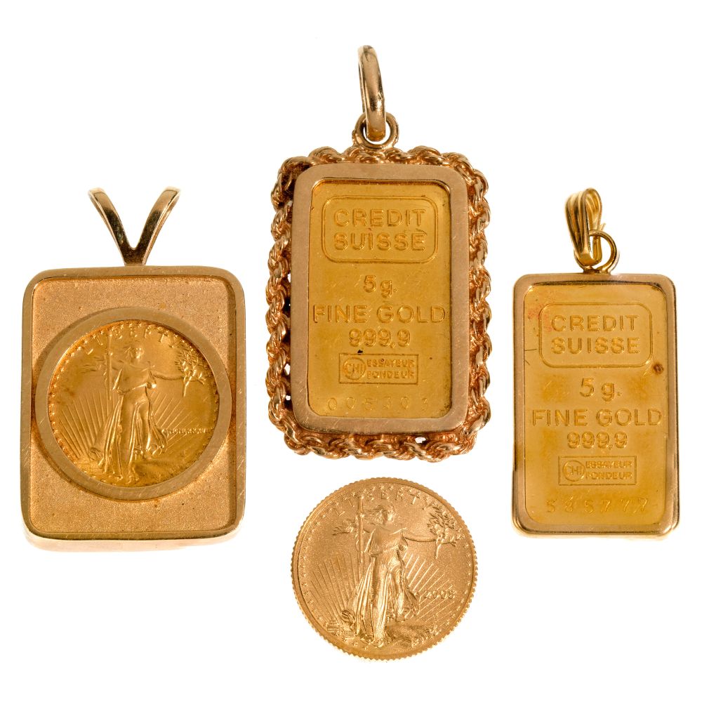 Appraisal: GOLD COIN INGOT JEWELRY ASSORTMENT items including a gold coin