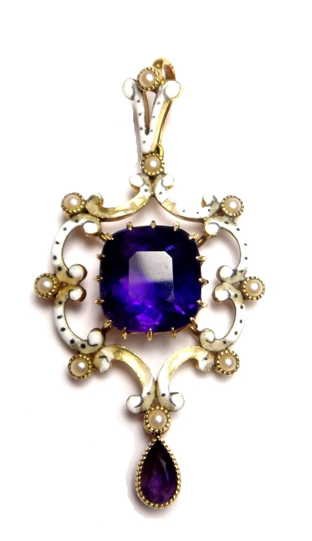 Appraisal: A gold amethyst seed pearl and white enameled pendant mounted