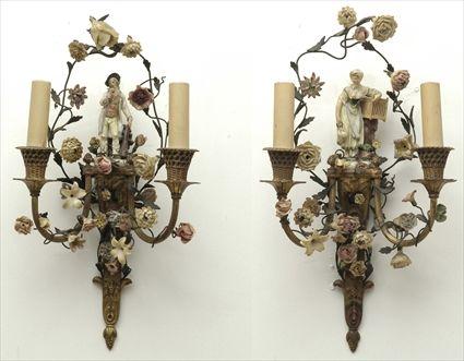 Appraisal: Pair of Louis XVI-Style Porcelain-Mounted Gilt-Metal Two-Light Wall Sconces x