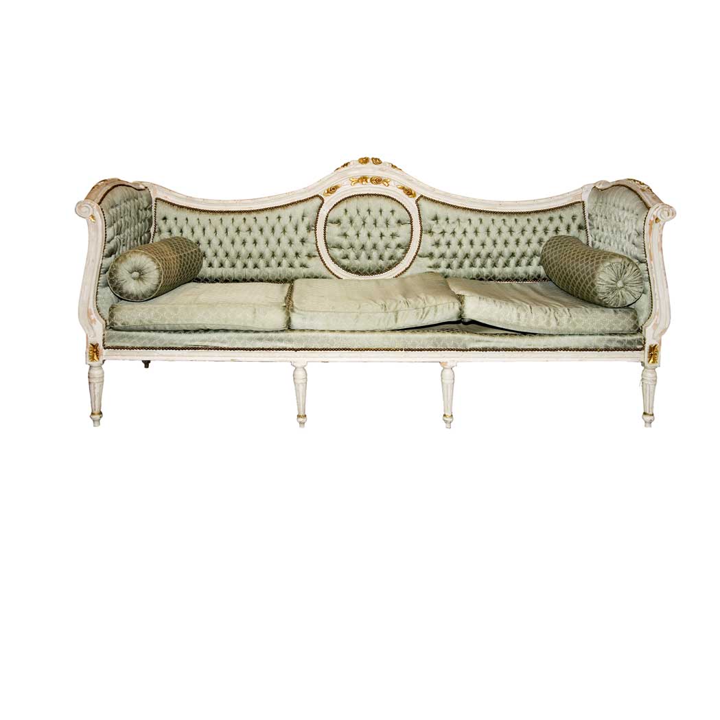 Appraisal: Louis XVI Style Gray Painted Settee The arched padded back