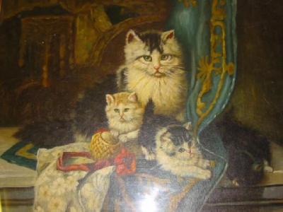 Appraisal: ENGLISH SCHOOL Cat and Three Kittens in an Interior unsigned