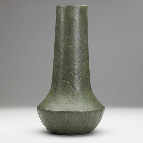 Appraisal: MARIE SEAMANGRUEBYTall smoke-stack matte green vaseGrueby Faience stamp MS x