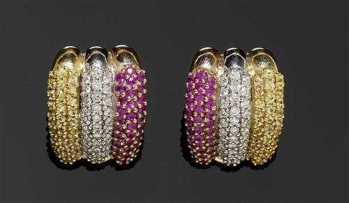 Appraisal: SAPPHIRE AND BRILLIANT-CUT DIAMOND CLIP EARRINGS Yellow white and red